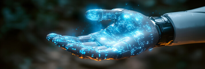 Poster - Robotic hand holding a glowing digital energy orb,representing futuristic intelligence,innovation,and scientific advancement. The transparent,luminous sphere in the palm symbolizes the potential.
