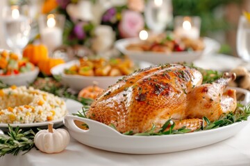 A beautifully roasted turkey served with sides for a festive dinner, perfect for Thanksgiving or holiday celebrations.