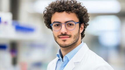 A young male scientist with curly hair and glasses poses in a bright laboratory, wearing a lab coat and showcasing his commitment to research and innovation