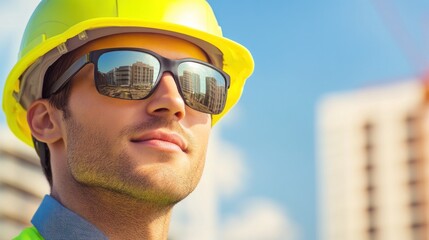 A construction worker wearing a hard hat and sunglasses stands confidently under a clear blue sky, observing the ongoing building project around him