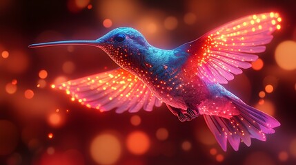 Leinwandbilder - Stunning digital artwork depicting a glowing hummingbird in flight,surrounded by a vibrant,mystical energy. The bird's feathers shimmer and sparkle,creating an ethereal.