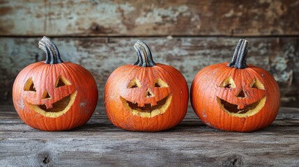 Poster - Funny Halloween Pumpkins on Wooden Background