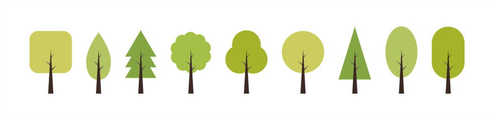 Leinwandbilder - Tree green icon collection. Wood with leaf in flat style. Nature graphic element. Eco symbols isolated on white background. Vector 10 eps.