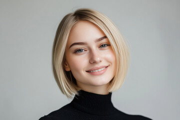 Woman with blonde hair in black turtleneck sweater smiling in a vibrant field surrounded by colorful flowers on a sunny day.