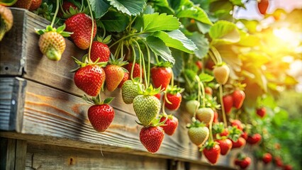 Wall Mural - Ripe red strawberries hang from a wooden trellis, bathed in the golden light of the setting sun, their vibrant colors and sweet aroma promising a delightful summer treat.