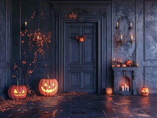 Poster - Festive hallway interior with mantelpiece door and Halloween decor