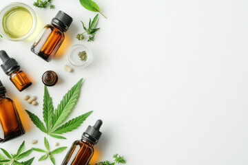  Flat lay of CBD oil products surrounded by cannabis leaves, showcasing alternative health remedies and wellness.