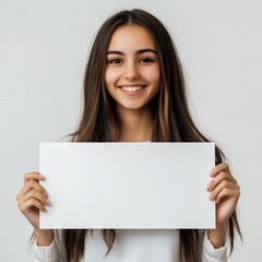 Smiling young woman holding blank white sign in front of her for advertisement or message in a minimalist background