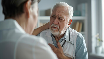 Doctor is examining an elderly man with shoulder pain in the medical room, holding his chest with pain in the medical room, holding his body. Portrait of senior man sharing health issues struggles