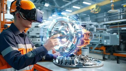 Poster - industrial engineer wearing a vr headset is interacting with a 3d model of a turbine engine in a fac