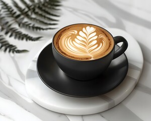 Poster - Intricate Fern Patterned Cappuccino in a Matte Black Cup on Marble Countertop