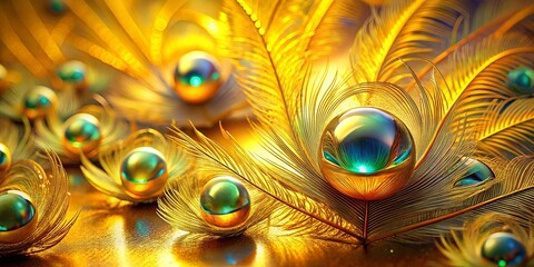 Canvas Print - Golden Feathers Embrace Iridescent Spheres, Creating a Symphony of Texture and Light