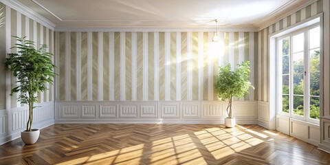 Wall Mural - Sunlight Streaming Through a Window in an Empty Room with a Light Fixture and a Light-Colored Patterned Wall