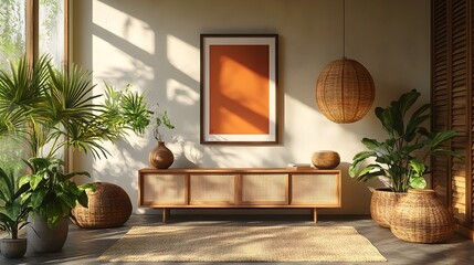 Poster - Vintage frame mockup displayed on a mid-century modern sideboard,surrounded by warm-toned retro accessories,creating a cozy and stylish atmosphere for product photography or brand presentation.