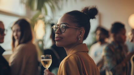 A woman with glasses holds a wine glass, looking poised at a chic gathering, with a blurred background of social interactions and greenery.