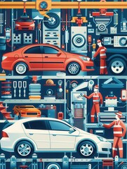 Poster - In a bustling factory, workers are efficiently producing car components with cutting-edge machinery and collaborative efforts. Generative AI