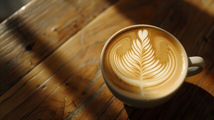 Canvas Print - Elaborately Swirled Milk Art in a Coffee Cup on a Rustic Wooden Table in a Minimalist Cafe Setting