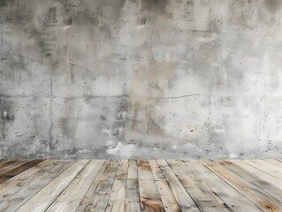 Poster - Textured Concrete Wall With Rustic Wooden Floor Backdrop for Artisanal Product Presentation