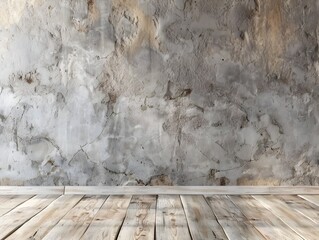 Poster - Textured Concrete Wall with Wooden Floor Backdrop for Artisanal Craft Display and Product Presentation