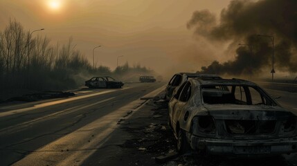 desolate highway under a hazy sun with abandoned cars and smoke, echoing an apocalyptic atmosphere o