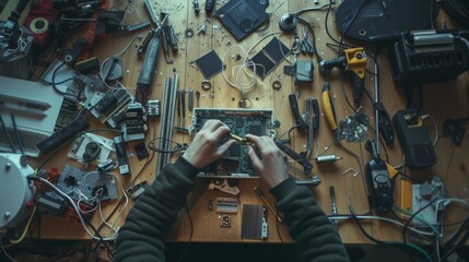 Wall Mural - Amidst an array of scattered electronic parts, skilled hands work meticulously on a motherboard, exemplifying DIY repair and technical acumen.