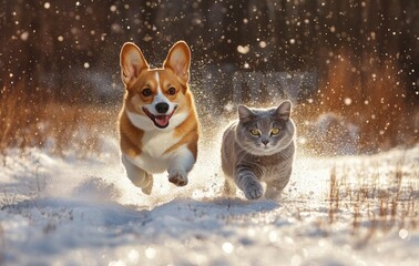 A funny striped cat and a corgi dog speed through deep white snow in a park during the winter