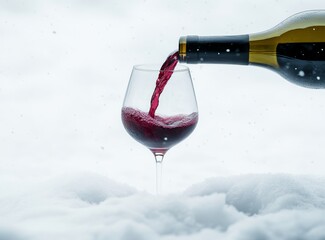 On a snowy white background, a red wine bottle fills a red wine glass