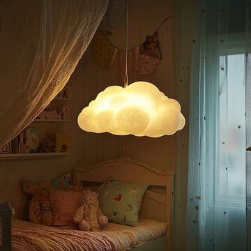 A whimsical lamp shaped like a cloud, glowing softly in a child bedroom filled with playful decor