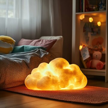 A whimsical lamp shaped like a cloud, glowing softly in a child bedroom filled with playful decor