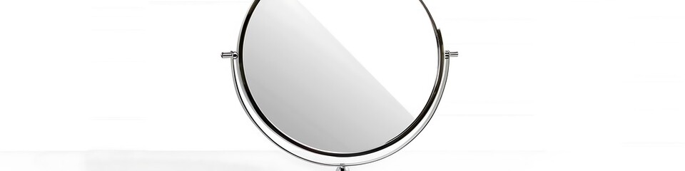 Elegant round makeup mirror with chrome stand, white background.