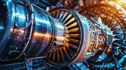 A close-up of a complex jet engine component showcasing intricate details and vibrant metallic hues amidst industrial lighting.