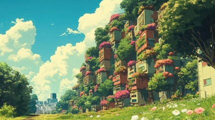 A vibrant, futuristic landscape showing eco-friendly buildings adorned with greenery under a sunny sky