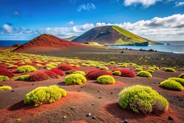 minimalist landscape with light lime green plants, carmine colored grass, volcanic lobos island