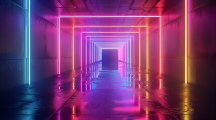 Poster - Neon Lit Futuristic Tunnel with Pulsating Color Lights for Product Concept Showcasing