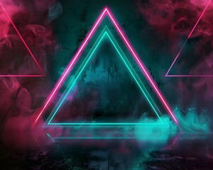 Poster - Neon Triangle Pattern in Hot Pink and Teal Against Black Backdrop Evoking 80s Synthwave Aesthetic