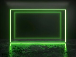 Poster - Sleek Green Neon Frame Floating in Minimalist Black Background for Modern Product Concept Display