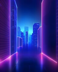 Poster - futuristic neon cityscape silhouette with glowing windows and deep blue night sky for urban themed p