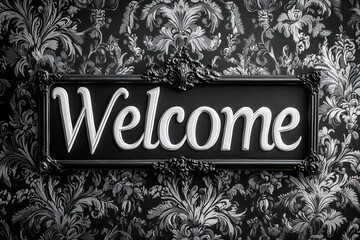 Welcome Sign on Black Damask Wallpaper