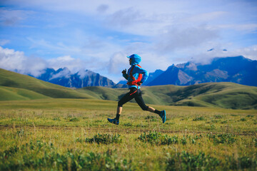 Poster - Fitness woman trail runner running in grassland