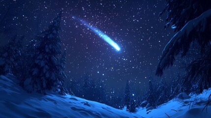 Wall Mural - starry night sky at christmas. the first star lights up in the winter forest with snow. christmas ev