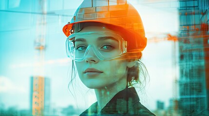 A young female engineer with a safety helmet, layered over a construction site background, in a double exposure.