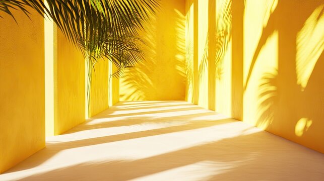 Abstract 3D render of yellow walls with sunlit tropical leaf shadows casting long patterns.