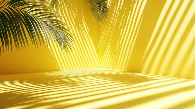 Abstract 3D render of yellow walls with sunlit tropical leaf shadows casting long patterns.