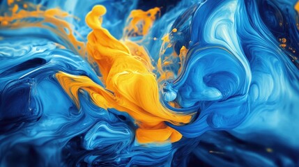 Poster - Abstract blue and yellow paint flowing together, forming dynamic and fluid patterns.