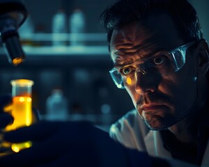 Poster - Scientist Examining Glowing Liquid with Curiosity and Doubt in Laboratory