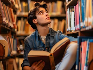 Poster - Pensive Student Surrounded by Books Contemplating in Library