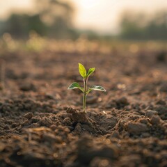 Young plant growing on field, agricultural land, organic farming, environment care, earth day concept