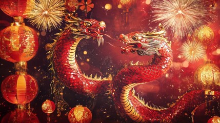 Two Red Chinese Dragons with Golden Accents Amidst Festive Lanterns and Fireworks