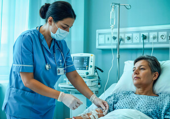 Healthcare professional attending to patient with iv drip in hospital room