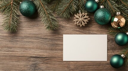 Canvas Print - A blank white greeting card is positioned on an old wooden table, embellished with pine branches and green Christmas ornaments, creating a festive, inviting atmosphere